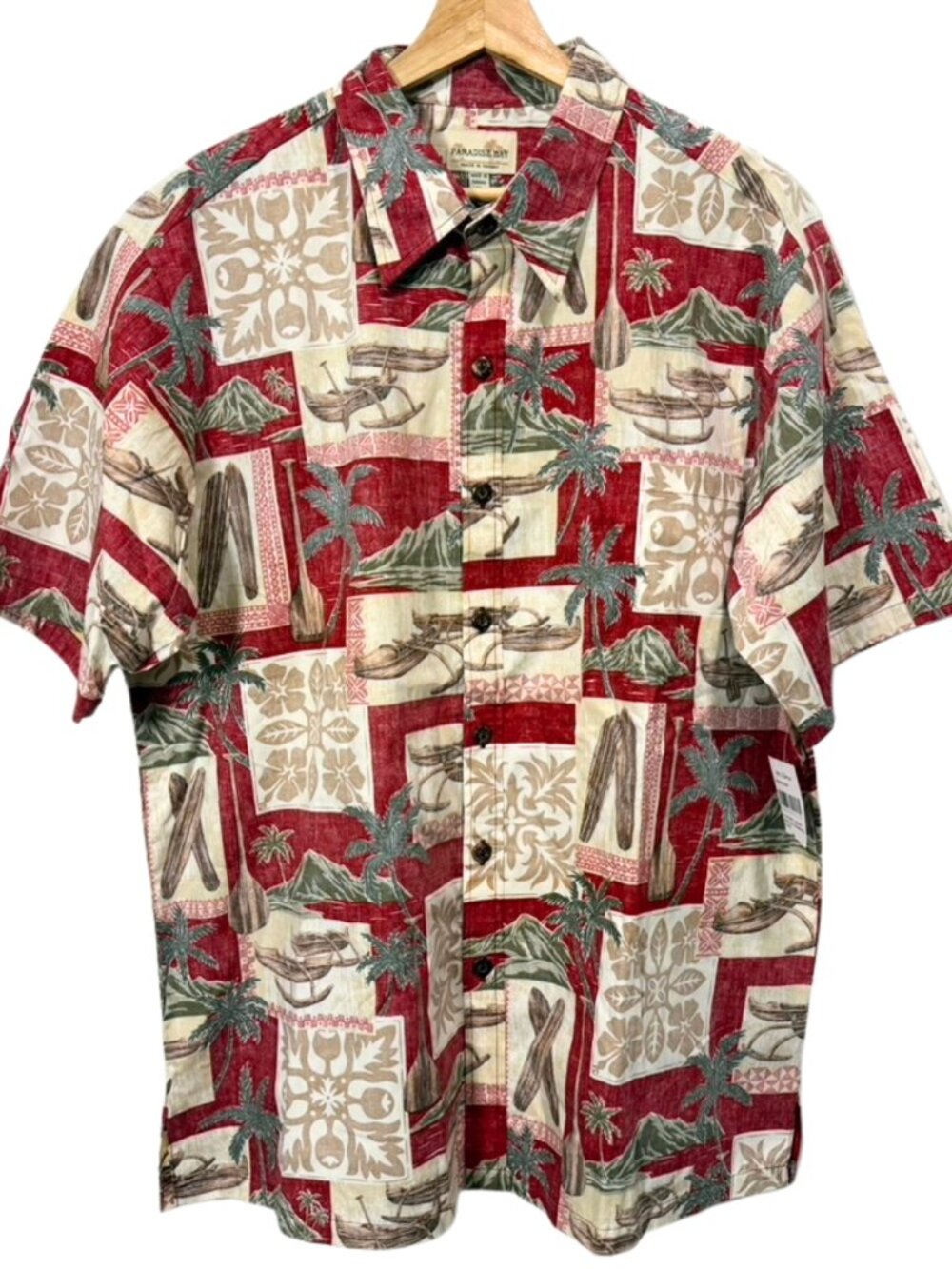Paradise Bay Mens Button Down Shirt Red Hawaiian Print 100% Cotton Size XL